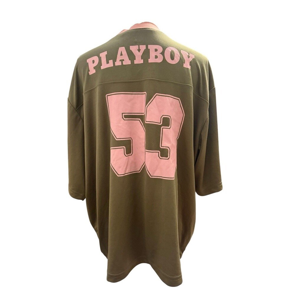 Playboy Football Jersey Shirt Large Olive Green Pink 53 Spencers Mesh Unisex - Picture 5 of 9